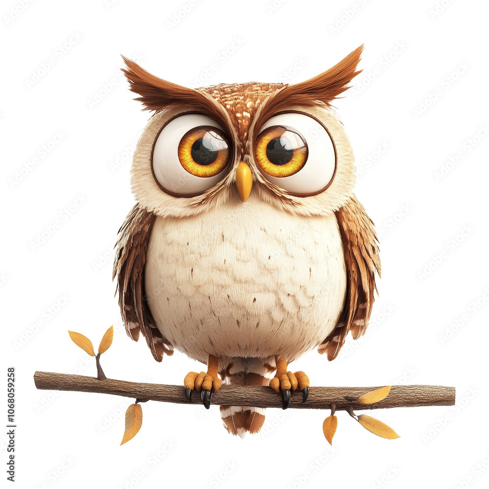 Obraz premium Cute Cartoon Owl Perched on Branch