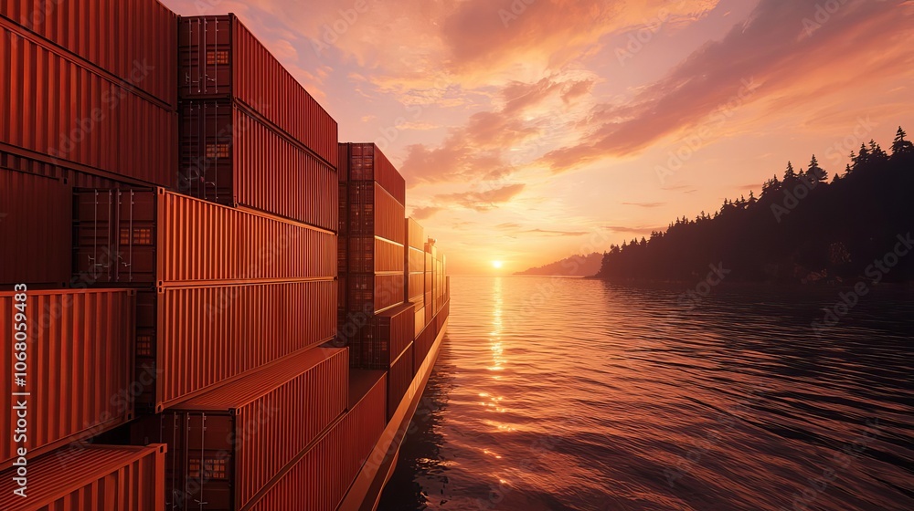 Fototapeta premium A cargo ship with containers sailing through calm waters during a vibrant sunset, casting reflections on the water surface.