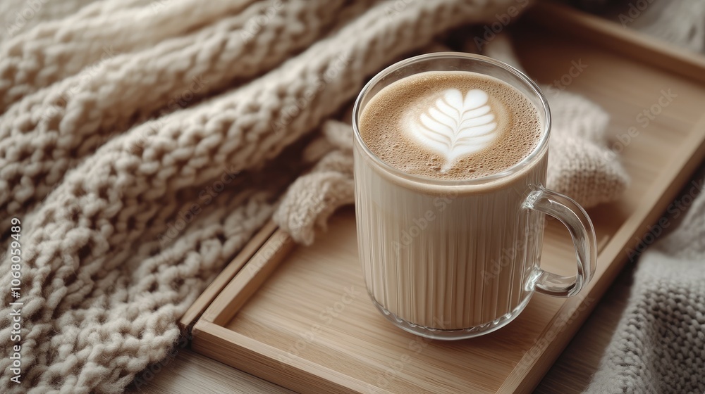 Hot latte art glass viewed from above, placed on a light wooden tray with a cozy wool blanket in the background for a relaxed setting. Hot latte art glass viewed from above, placed on a light wooden tray with a cozy wool blanket in the background for a relaxed setting.