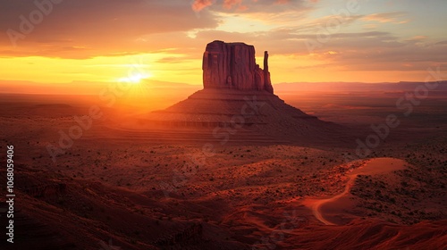 99.Majestic sandstone butte illuminated by the setting sun, rich textures and layers of rock, warm colors blending with the fading light, vast desert expanse, sense of solitude and grandeur photo