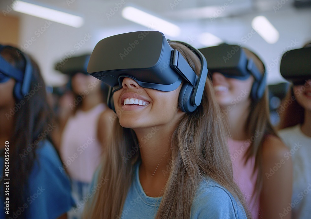 group of smiling teenagers with virtual reality headset. virtual reality, entertainment and people concept group of smiling teenagers with virtual reality headset. virtual reality, entertainment and people concept