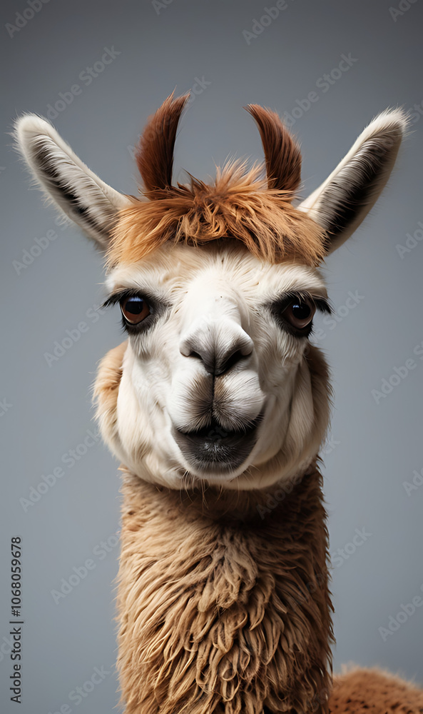 Obraz premium Angry and Stubborn Llama with Squinted Eyes and Tight Lips, Isolated on Plain Background for Humorous Look