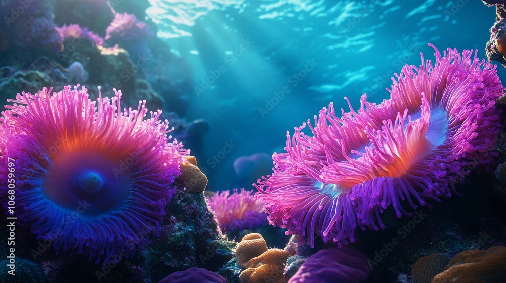 Obraz premium 85.Underwater scene of a thriving coral reef, vibrant sea anemones with soft flowing textures, close-up of marine organisms, vivid colors in blues and pinks, serene and beautiful ocean ecosystem
