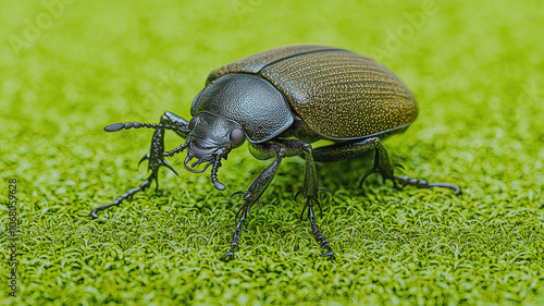 Detailed macro of beetle on soft mossy surface, showcasing its intricate features