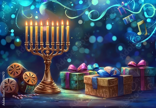 Hanukkah background with burning Christmas lights