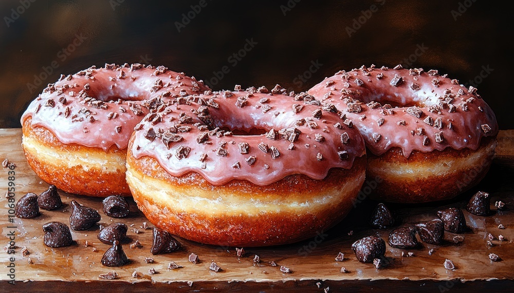 Three chocolate glazed donuts with chocolate chips. Perfect for food and bakery related projects. Three chocolate glazed donuts with chocolate chips. Perfect for food and bakery related projects.
