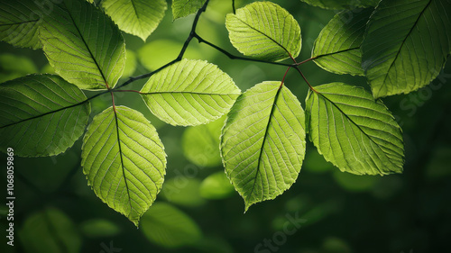 Fresh green leaves with soft light create serene forest atmosphere