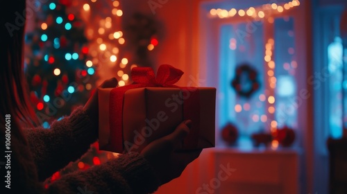 Anonymous person holding a wrapped present in front of Christmas decorations photo