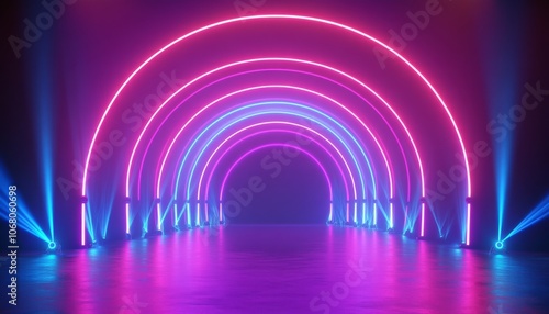 Futuristic Neon Stage. Modern Neon Light Stage with Reflective Floor. Cyberpunk Arena with Purple and Blue Neon Lights. Abstract 3D Neon Stage Background.