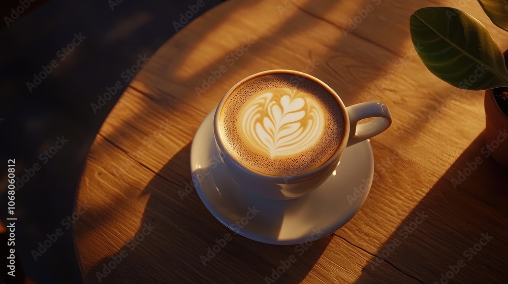Latte with artful milk patterns, shot from above, set on a natural wood table with warm lighting, exuding a relaxed coffeehouse vibe. Latte with artful milk patterns, shot from above, set on a natural wood table with warm lighting, exuding a relaxed coffeehouse vibe.