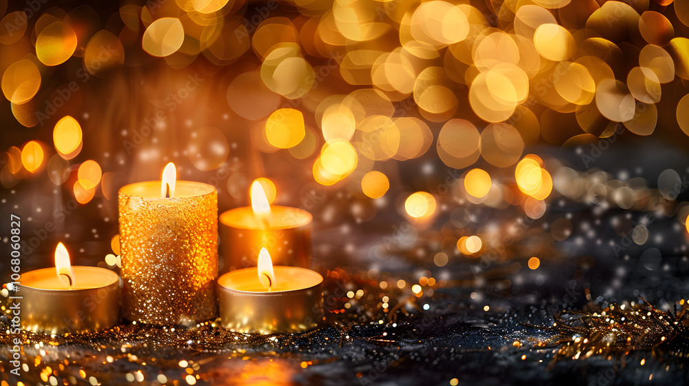 Festive New Year 2025 Celebration Golden Burning Candles on Sparkling Bokeh Background Festive New Year 2025 Celebration Golden Burning Candles on Sparkling Bokeh Background