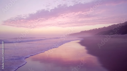 Serene beach at sunset with soft pink clouds reflecting on the water.