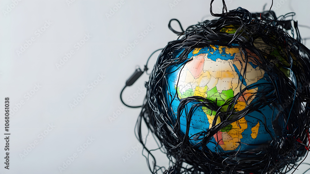 A globe surrounded by tangled and broken communication wires, symbolizing disrupted global connections and internet issues
A globe surrounded by tangled and broken communication wires, symbolizing disrupted global connections and internet issues
