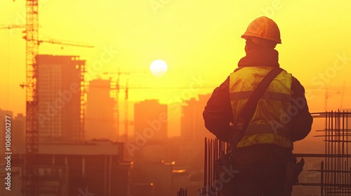 26.Construction worker in a yellow hard hat and safety vest, gripping steel rebar against a vibrant sunset, shadowed outlines of buildings, warm golden light casting dramatic shadows, gritty