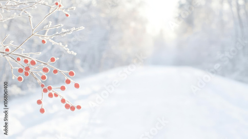 Frosted holly berries on branch in serene winter landscape