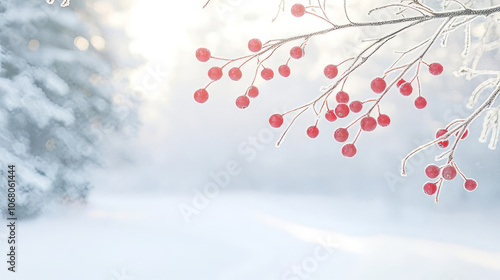 Frosted holly berries glisten in peaceful winter landscape