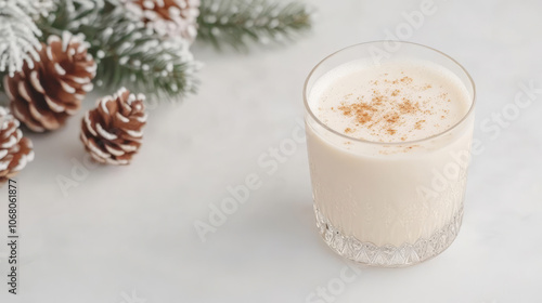 Frothy eggnog in vintage glass with pinecones and greenery nearby