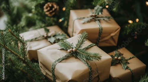 Christmas gifts at the foot of a Christmas tree photo