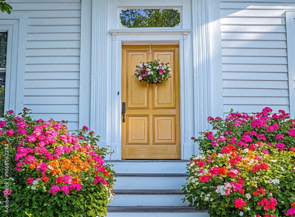 Fototapeta premium White home with vibrant flowers and gold door in daylight.