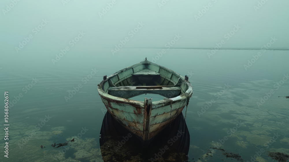 abandoned fishing boat slowly sinking into foggy water abandoned fishing boat slowly sinking into foggy water
