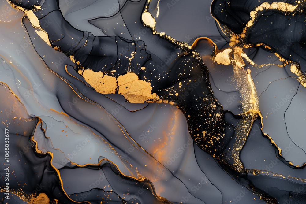 Luxury abstract fluid art painting with black, gray, and gold in alcohol ink technique Luxury abstract fluid art painting with black, gray, and gold in alcohol ink technique