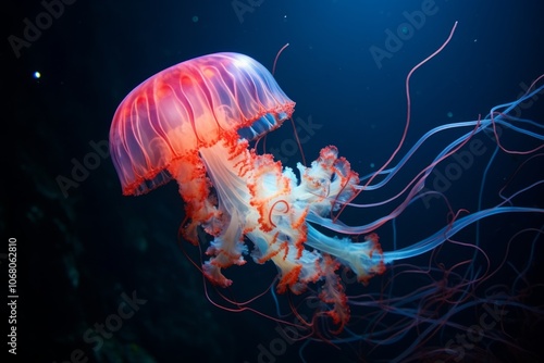 Jellyfish underwater on a dark background. Jellyfish are mesmerizing marine creatures characterized by their gelatinous bodies and trailing tentacles.