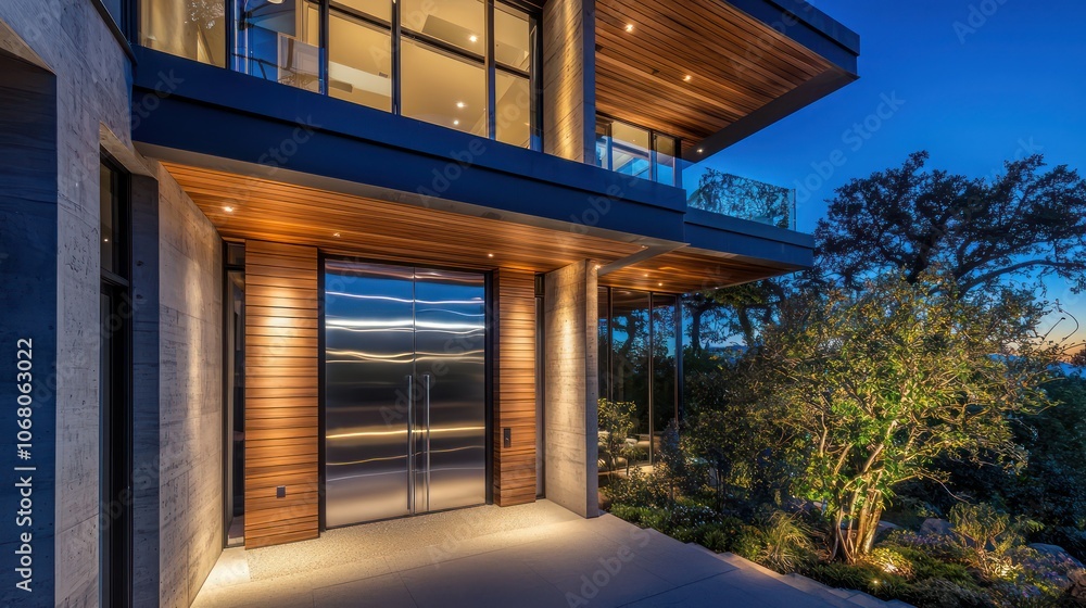 Ultra high-resolution architecture of a modern home at night with silver door. Ultra high-resolution architecture of a modern home at night with silver door.