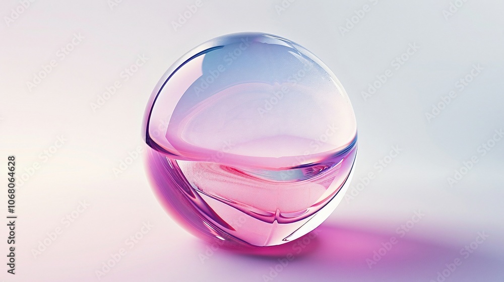 A transparent glass sphere with a pink and purple gradient effect, reflecting light on a white background. A transparent glass sphere with a pink and purple gradient effect, reflecting light on a white background.