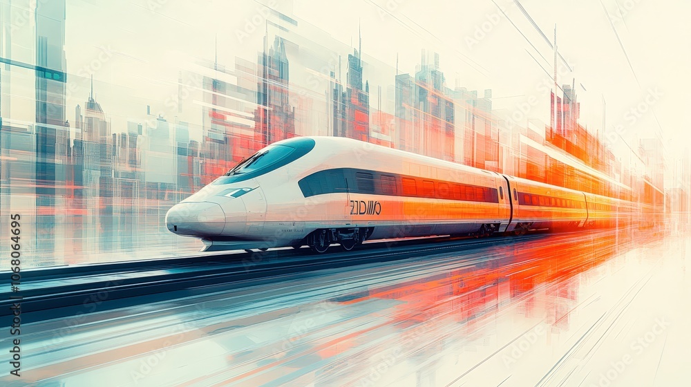 Futuristic High-Speed Train in Motion through Cityscape Futuristic High-Speed Train in Motion through Cityscape