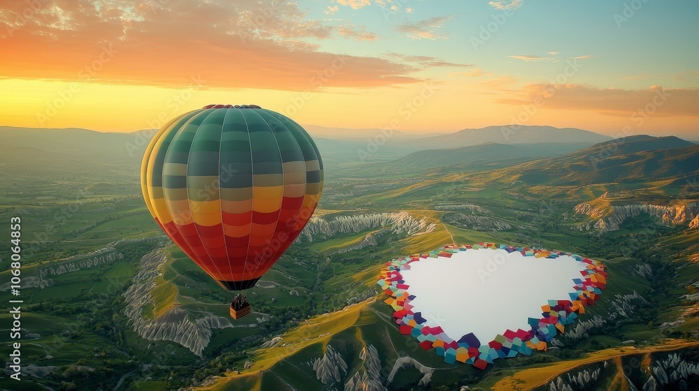 Fototapeta premium Colorful Hot Air Balloon Over Green Valleys at Sunrise