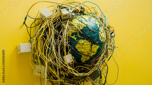 A globe surrounded by tangled and broken communication wires, symbolizing disrupted global connections and internet issues 