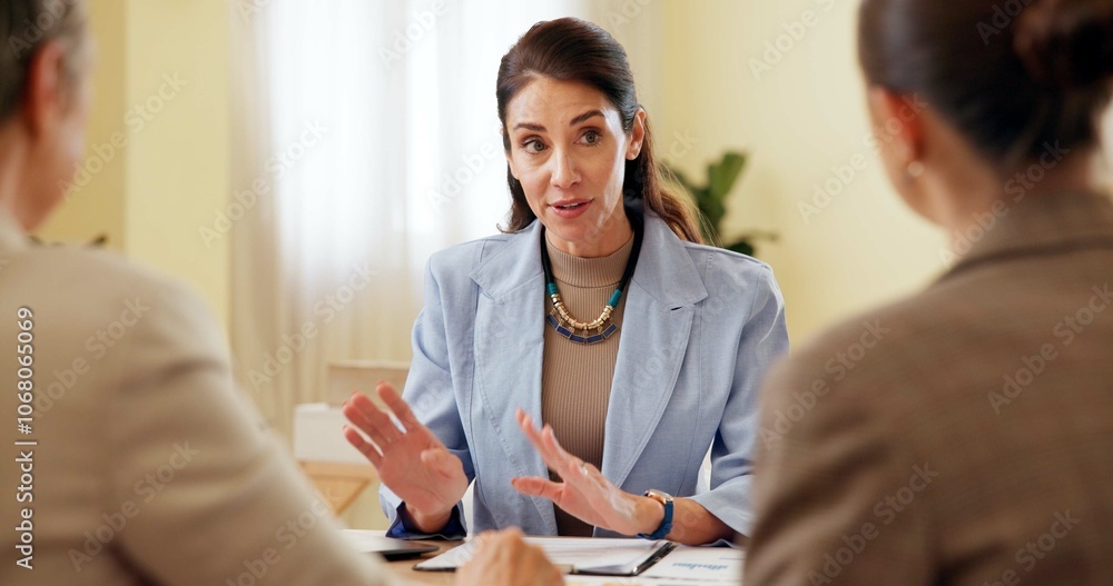 Obraz premium Meeting, idea discussion and business women with paperwork, boss and planning in office. Collaboration, teamwork and public relations with management and project conversation for brand campaign