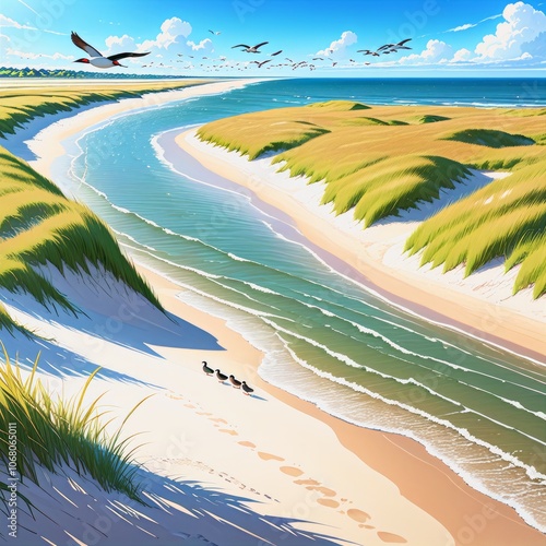 Coastal landscape painting, curved beach, sand dunes, flowing river, ocean waves, seagulls in flight, vibrant blue sky, puffy clouds, golden grass, aerial perspective, stylized art, bright colors, smo photo