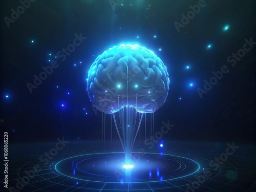 3d rendering of human brain in digital technology background with glowing lights