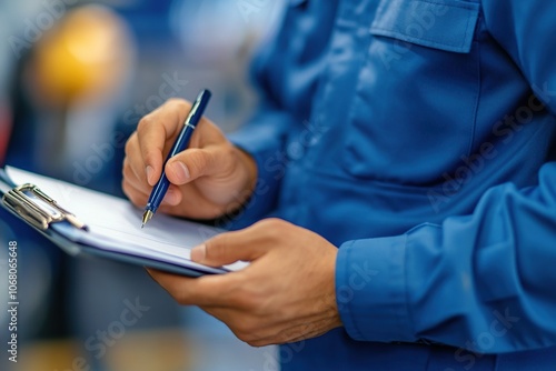 A person in a blue uniform writing on a clipboard, possibly conducting an inspection