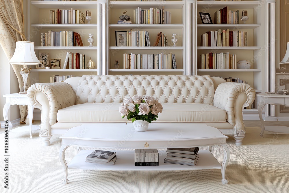 Elegant living room with a white sofa, sophisticated coffee table, and light carpet. Elegant living room with a white sofa, sophisticated coffee table, and light carpet.