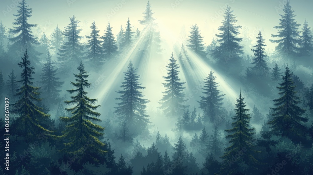Morning Fog and Sunbeams in a Serene Forest Morning Fog and Sunbeams in a Serene Forest
