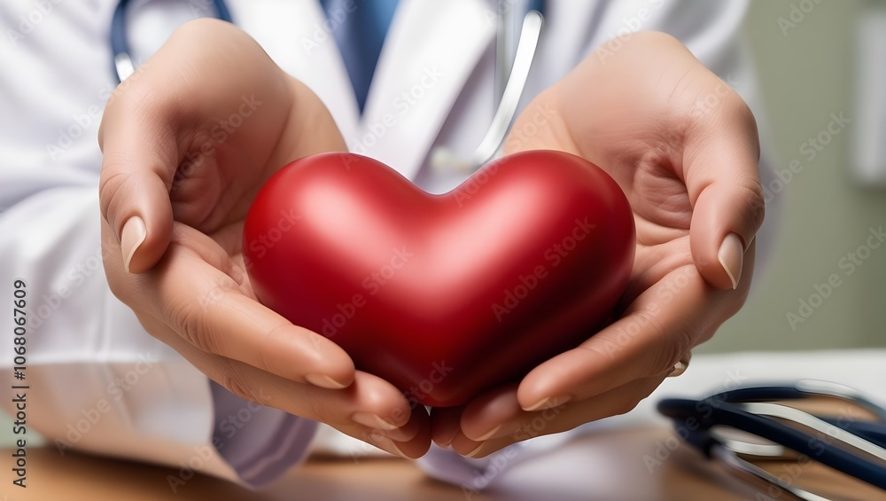 Red heart shaped object in hands of a cardiologist with stethoscope , offering cardiac medical checkup, heartbeat listening, early disease prevention. Red heart shaped object in hands of a cardiologist with stethoscope , offering cardiac medical checkup, heartbeat listening, early disease prevention.