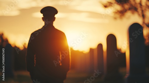 Silhouette of a Soldier at Sunset in a Cemetery