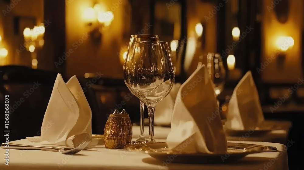 Elegant Dining Setup with Glasses and Napkin Folds Elegant Dining Setup with Glasses and Napkin Folds