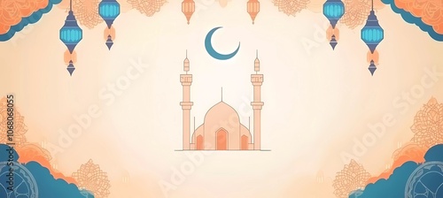 A radiant background illuminating a white, simple mosque silhouette surrounded by an Islamic pattern of geometric mandala patterns in blue and orange colors