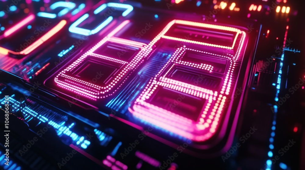 New Year’s countdown with digital timer, futuristic design, bright neon numbers New Year’s countdown with digital timer, futuristic design, bright neon numbers