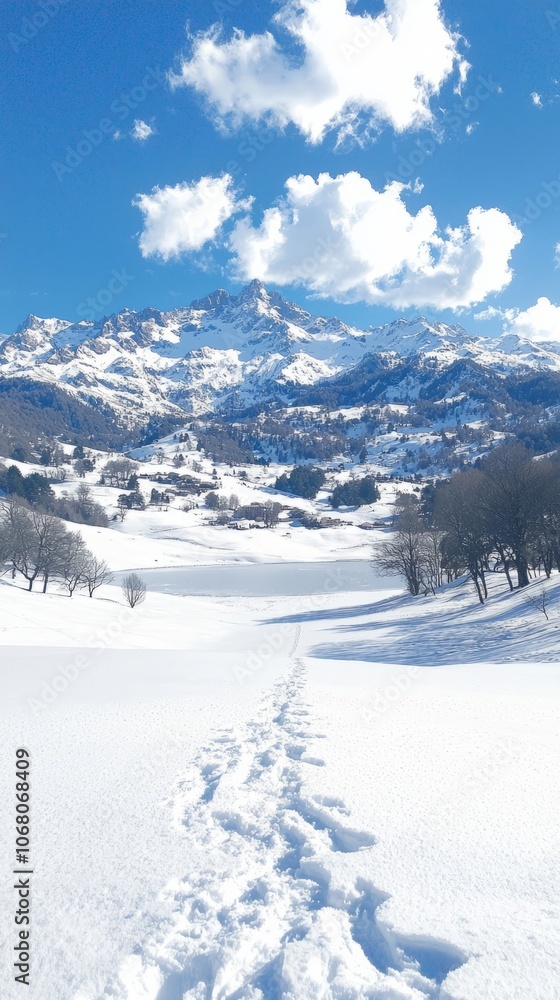 A serene snowy landscape with mountains and a clear blue sky. A serene snowy landscape with mountains and a clear blue sky.