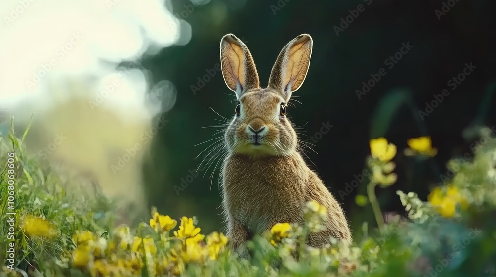 Cute Rabbit in a Meadow Surrounded by Flowers Cute Rabbit in a Meadow Surrounded by Flowers
