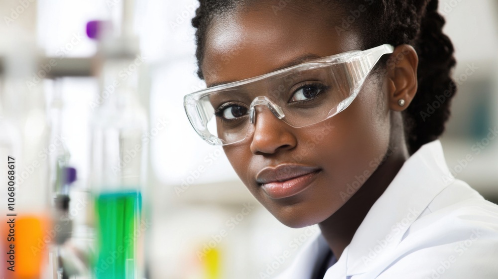Female scientist in lab gear using scientific tools for research Female scientist in lab gear using scientific tools for research