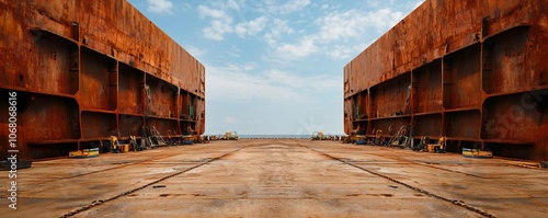 A wide view of a rusted shipyard with two large, weathered metal structures flanking an empty, expansive area under a clear sky. photo