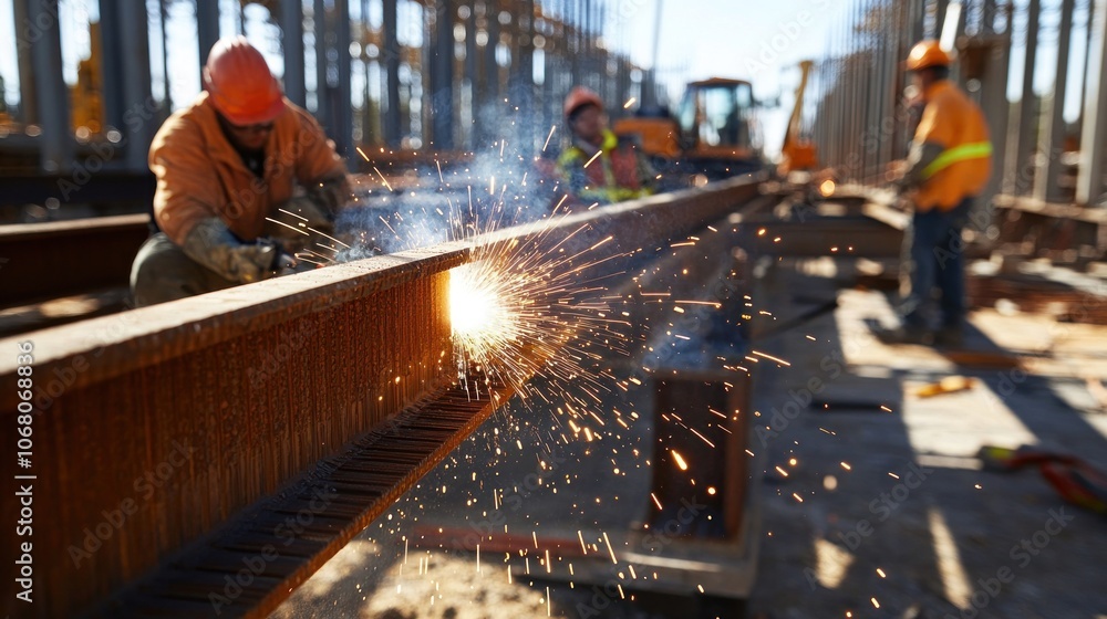 Close-up of construction workers welding steel beams, sparks flying, industrial machinery in the background, sunlight casting long shadows Close-up of construction workers welding steel beams, sparks flying, industrial machinery in the background, sunlight casting long shadows
