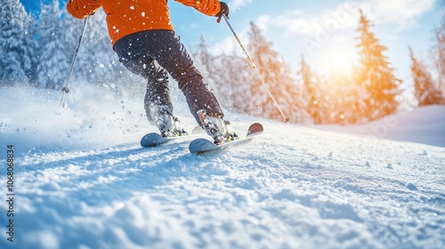 Close up of skier's legs and skis carving through powder snow on a sunny winter day.