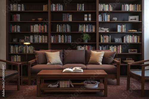 Simple living room setup with a sable sofa, wooden table, and brown shelves.