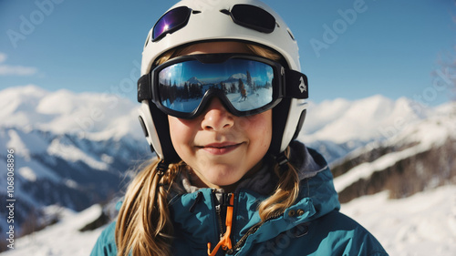 Young skier smiling at the camera on a snowy mountain in bright sunny weather